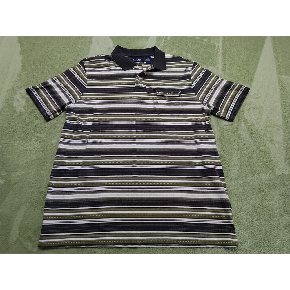 Chaps Men's Polo Shirt Size L Short Sleeve Gray Striped Cotton Casual Collared